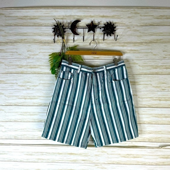 Vintage Green Teal Vertical Striped Stiff Denim Wclwvtic Grandpa Shorts Jorts - Picture 1 of 4
